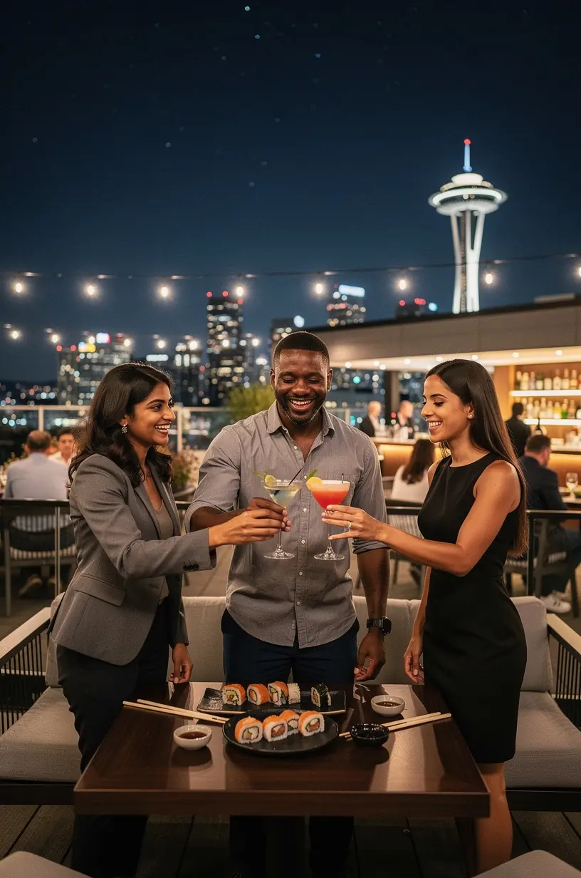 An inviting neighborhood street lined with diverse restaurants offering authentic American cuisine options.